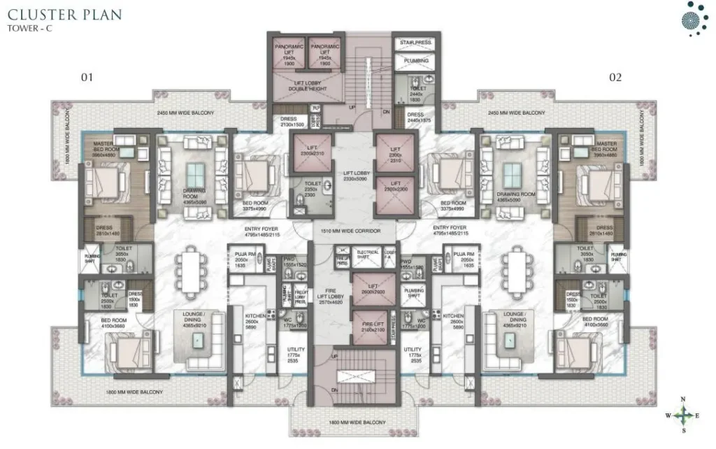 Delphine Sector 104 Gurgaon Cluster Plan of Tower C showing apartment layout, rooms, corridors, and lift lobby arrangement