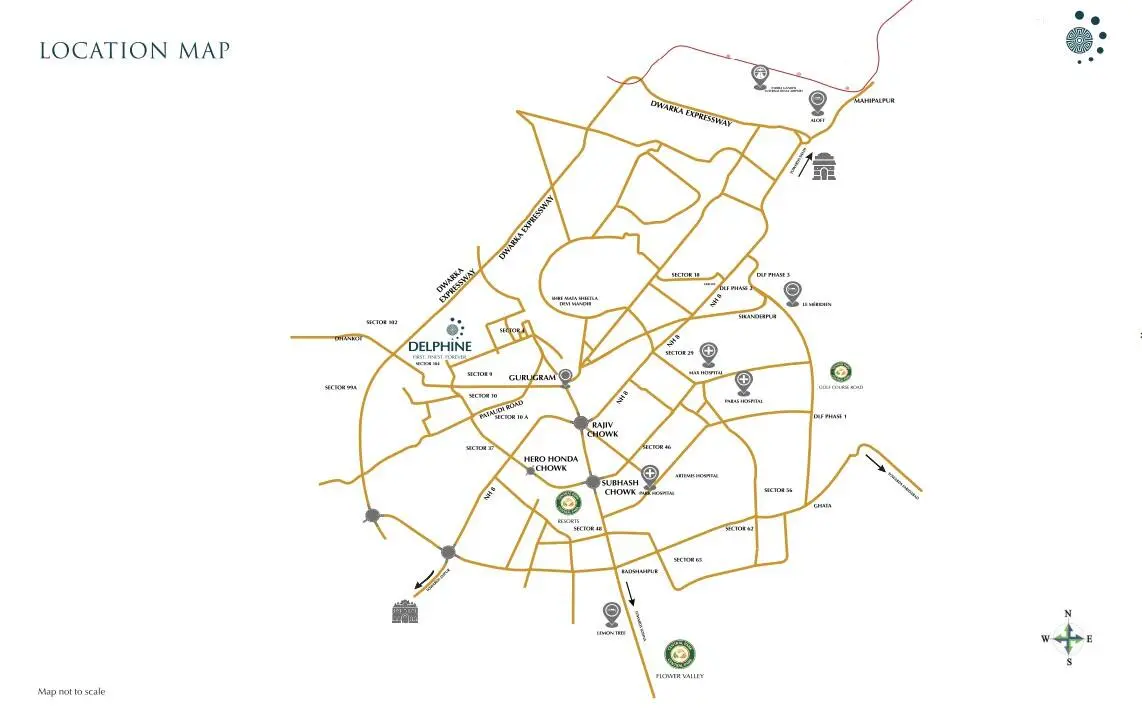 Delphine Sector 104 Gurgaon location map showing connectivity to Dwarka Expressway, Rajiv Chowk, Subhash Chowk, and nearby sectors