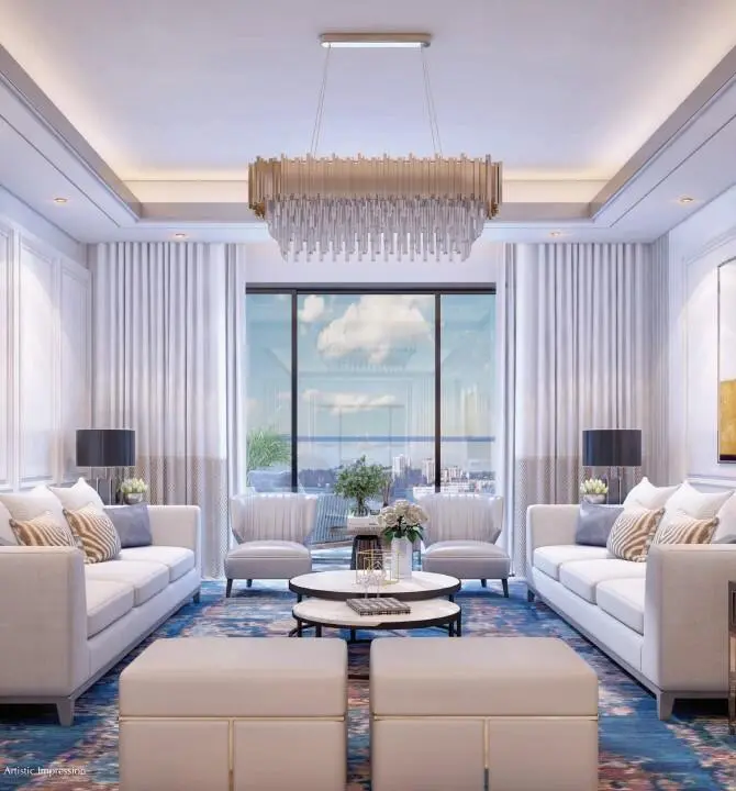 Luxury living room interior at Delphine Sector 104 Gurgaon featuring elegant décor and panoramic window views