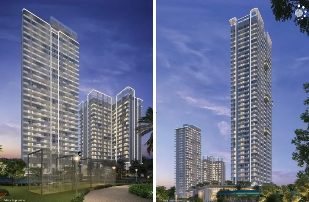 Evening view of Delphine Sector 104 Gurgaon high-rise residential towers with illuminated architecture